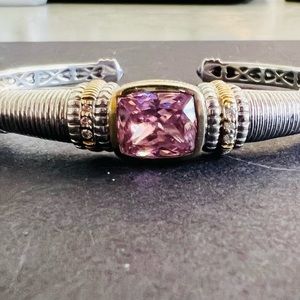 Judith Ripka Sterling silver bangle with pink quartz and gold accents.